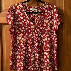 LOFT Red Floral V-Neck Cap Sleeve Blouse